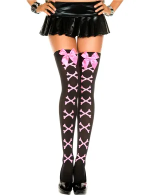 Black & Pink Cross Bone and Satin Bow Opaque Thigh Hi Stocking, One Size