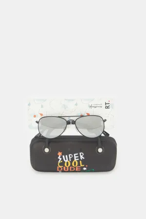 Boys Black Aviator Sunglasses With Printed Case