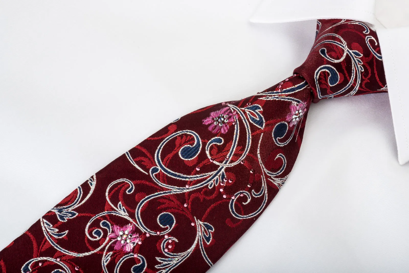 Cabrini Rhinestone Silk Necktie Floral On Burgundy With Silver Sparkles