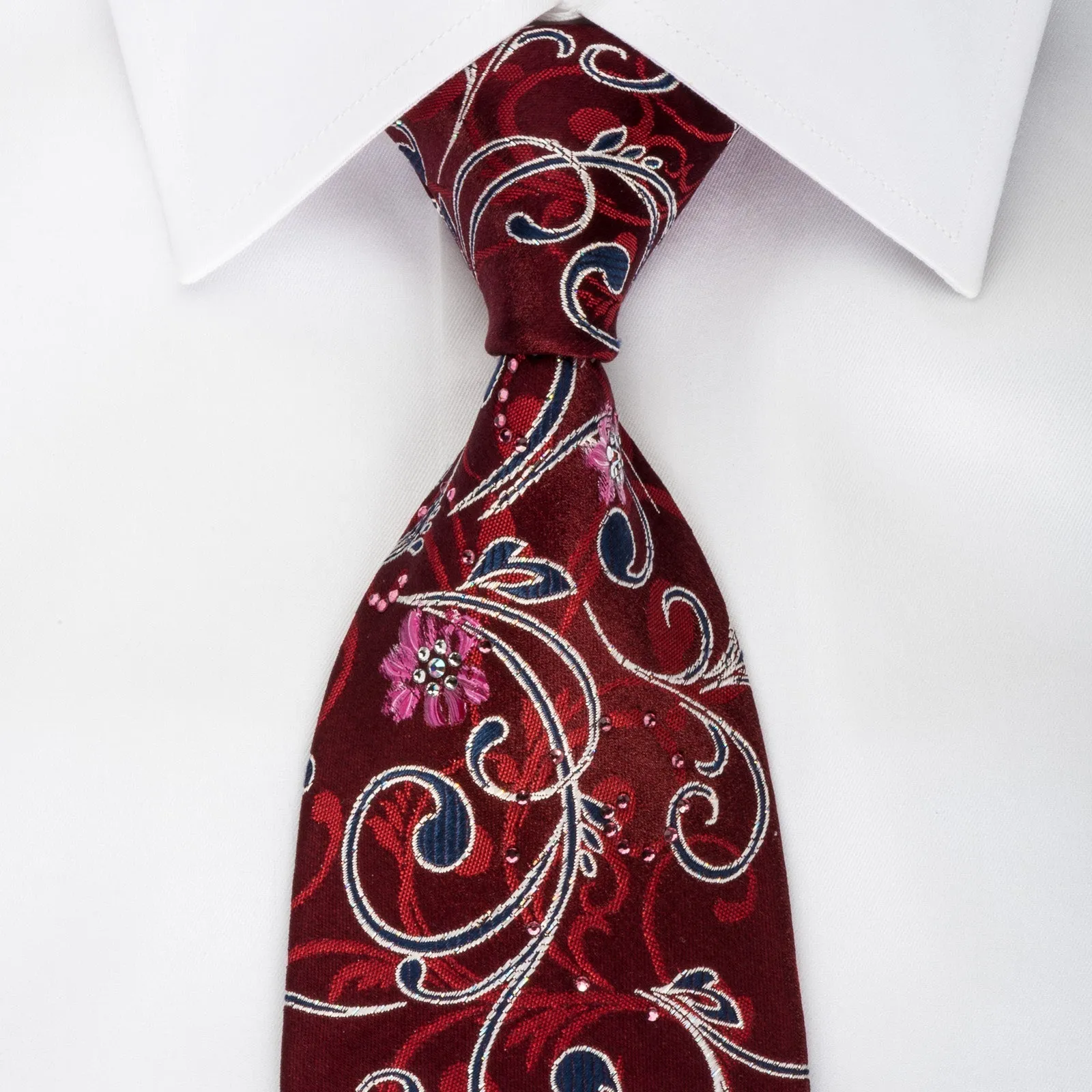 Cabrini Rhinestone Silk Necktie Floral On Burgundy With Silver Sparkles