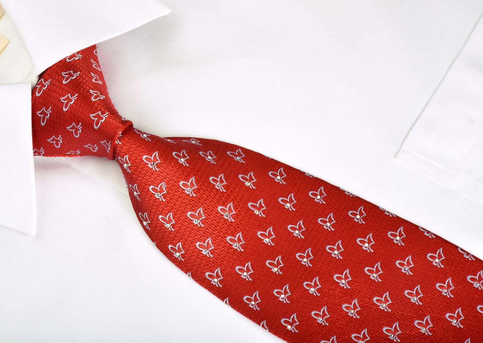 Daniel Hechter Silk Tie Silver Butterflies On Red With White Rhinestones