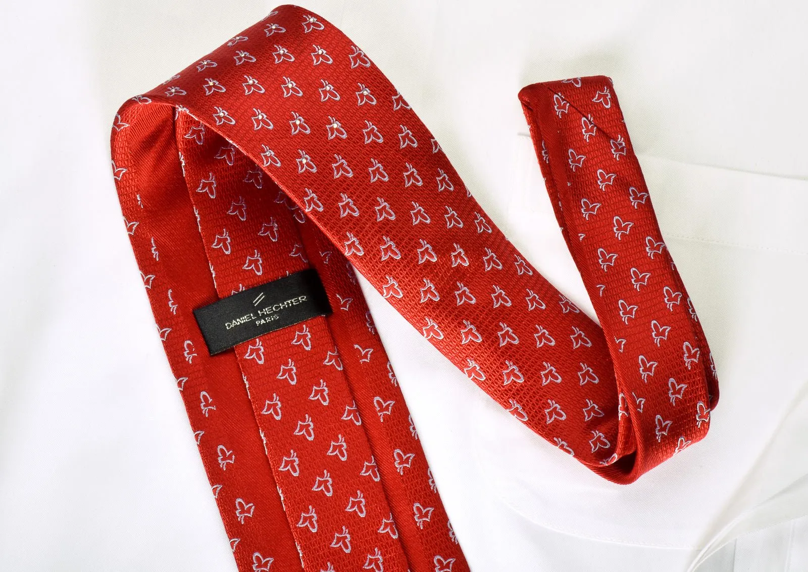 Daniel Hechter Silk Tie Silver Butterflies On Red With White Rhinestones