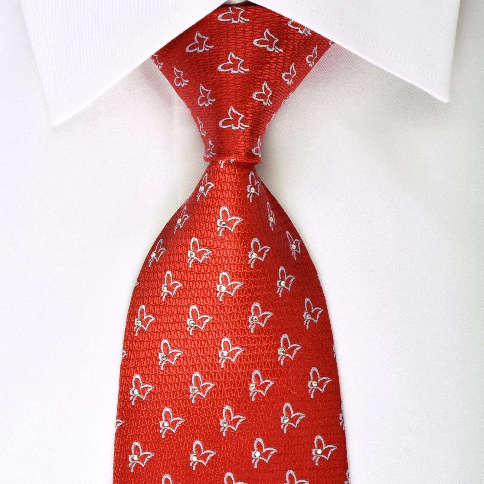 Daniel Hechter Silk Tie Silver Butterflies On Red With White Rhinestones