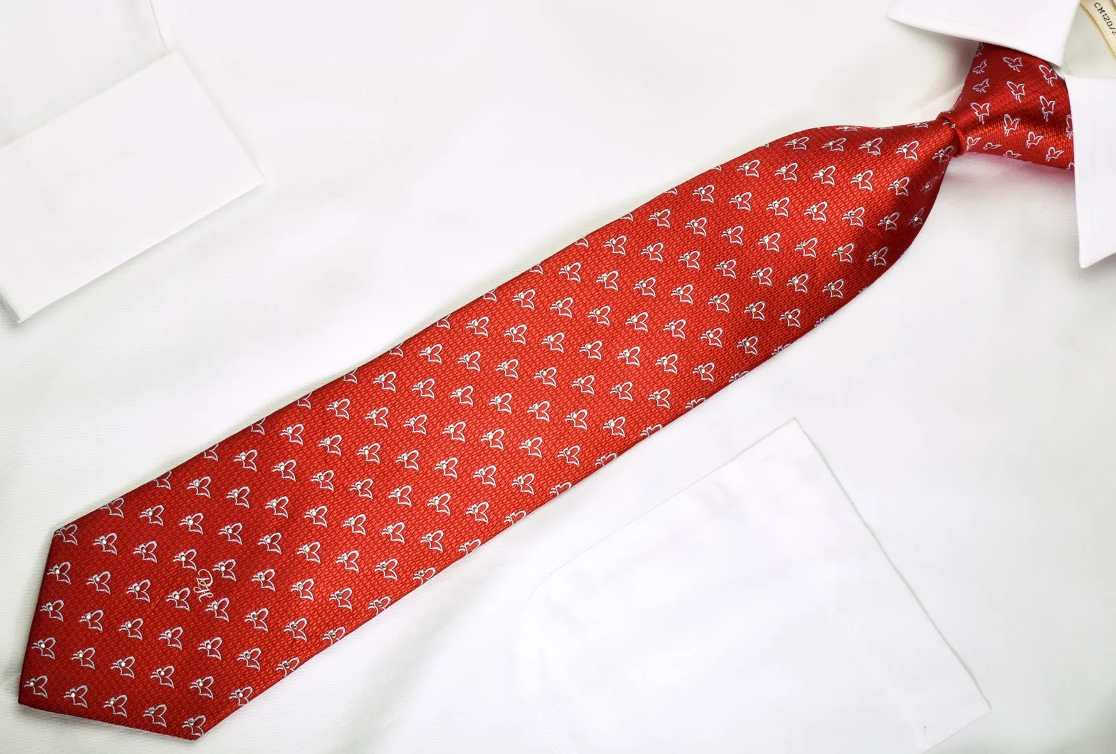 Daniel Hechter Silk Tie Silver Butterflies On Red With White Rhinestones