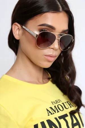 Gold  Diamante Embellished Aviator Sunglasses - Gini