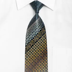 Gold Silver Geometric & Stripped On Navy Rhinestone Silk Tie With Sparkles