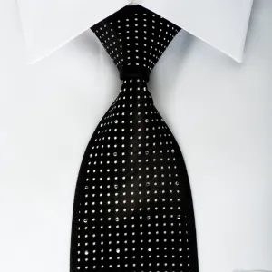 Guy Laroche Black Crystal Rhinestone Silk Necktie Silver Dots On Black