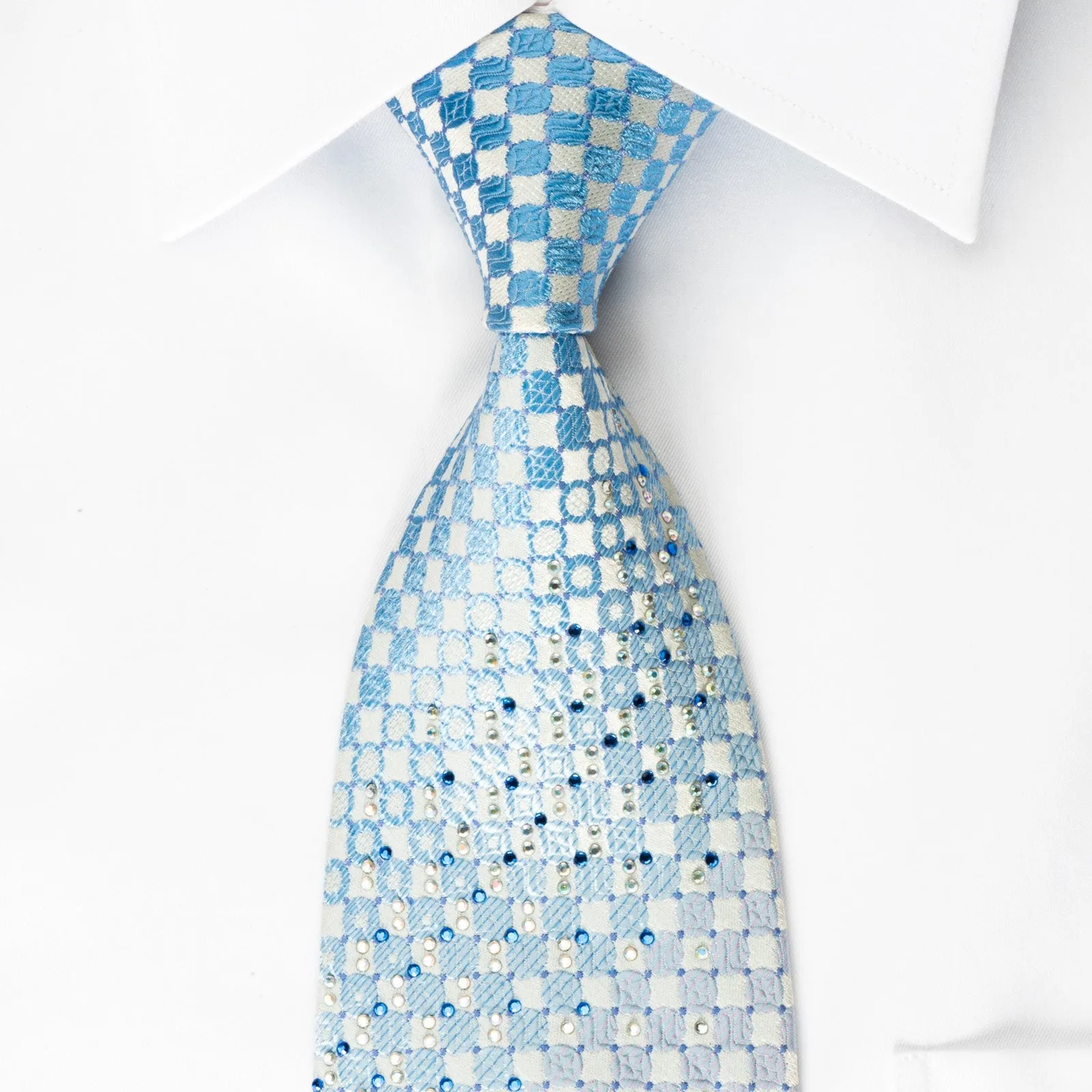 Indian Homme Silk Rhinestone Necktie Blue Pink Checker On White With Silver Sparkles