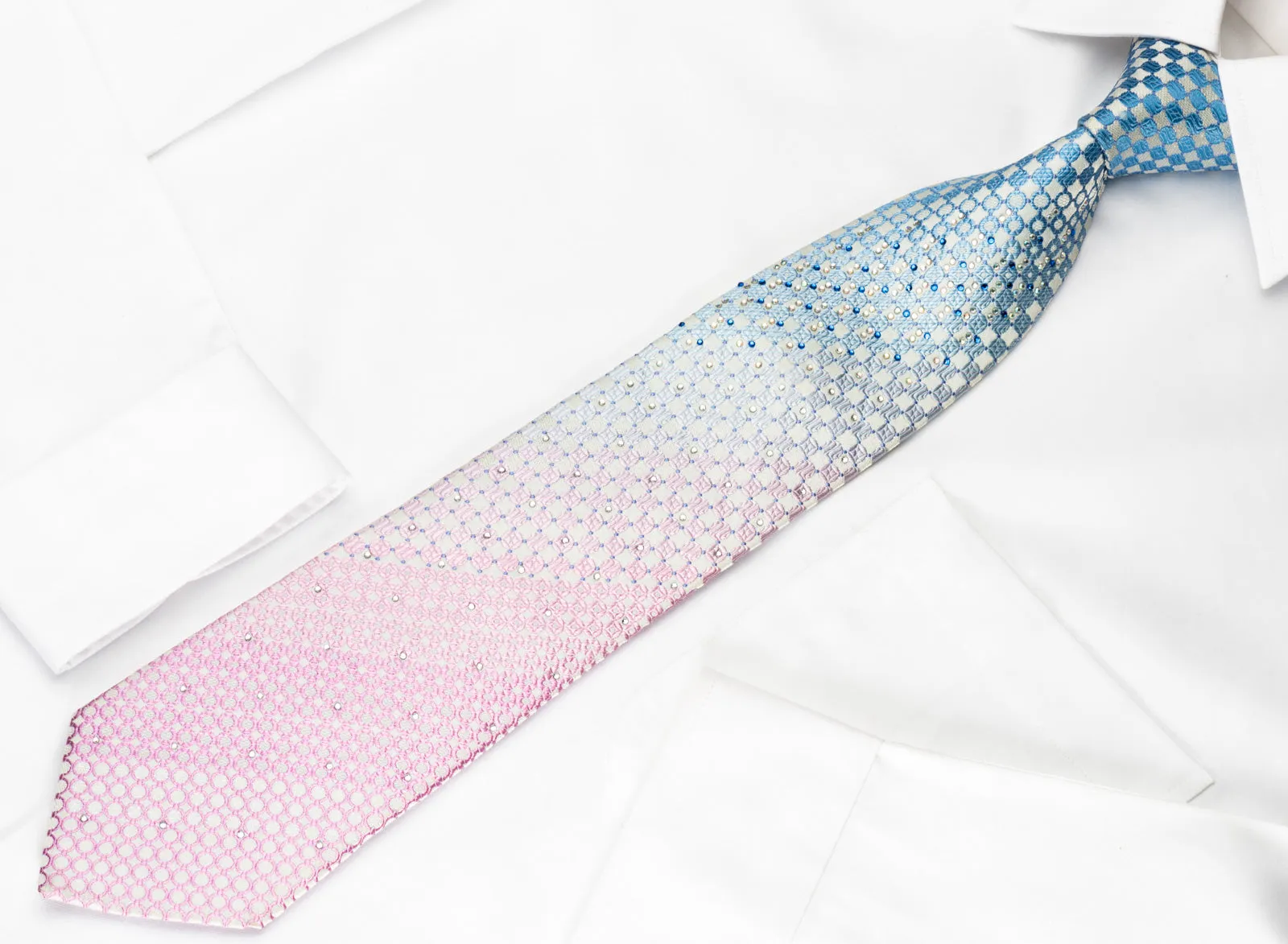 Indian Homme Silk Rhinestone Necktie Blue Pink Checker On White With Silver Sparkles