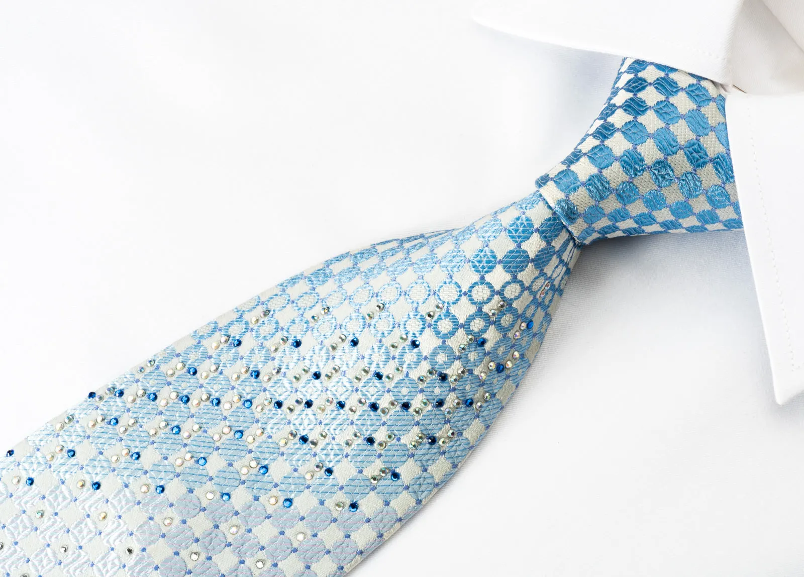 Indian Homme Silk Rhinestone Necktie Blue Pink Checker On White With Silver Sparkles