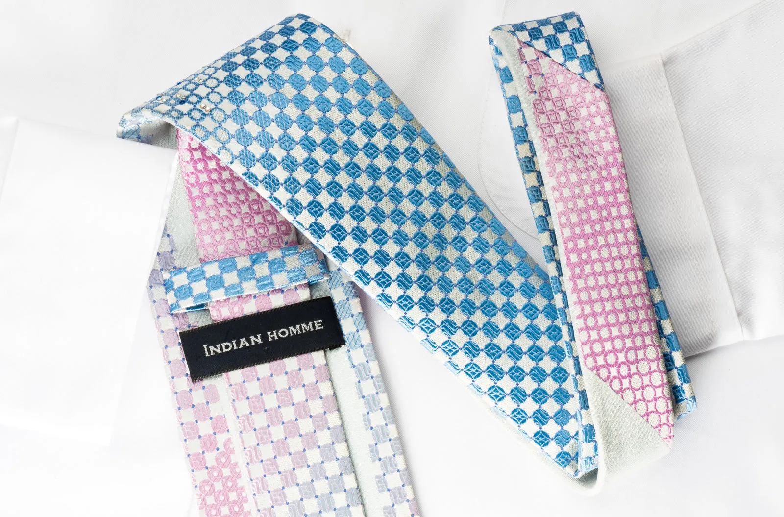 Indian Homme Silk Rhinestone Necktie Blue Pink Checker On White With Silver Sparkles