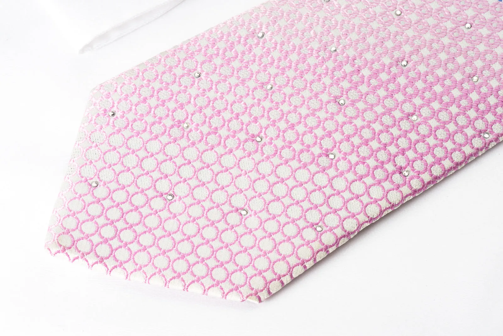 Indian Homme Silk Rhinestone Necktie Blue Pink Checker On White With Silver Sparkles