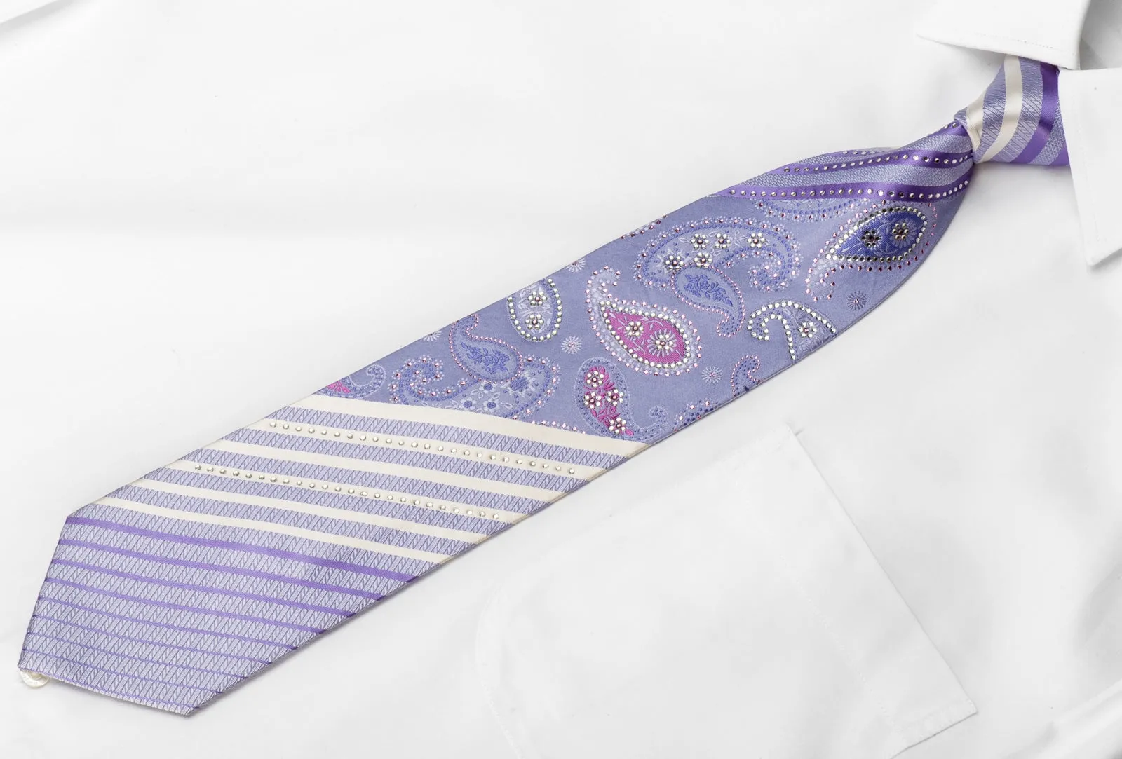 Jace Men's Crystal Rhinestone Silk Necktie Paisley & Striped On Mauve With Sparkles