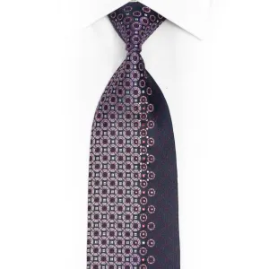 Mauve Pink Silver Geometric Design On Navy Blue Rhinestone Silk Tie