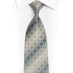 Medallion Patterns On Silver Rhinestone Silk Necktie With Blue Sparkles