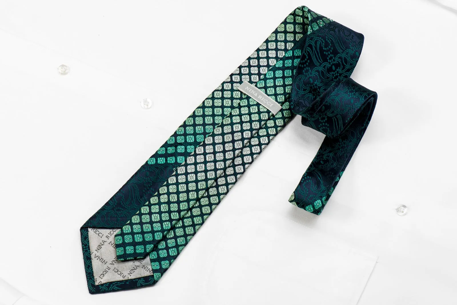 Nina Ricci Men's Crystal Silk Tie Green Geometric On Navy Sparkling With Rhinestones