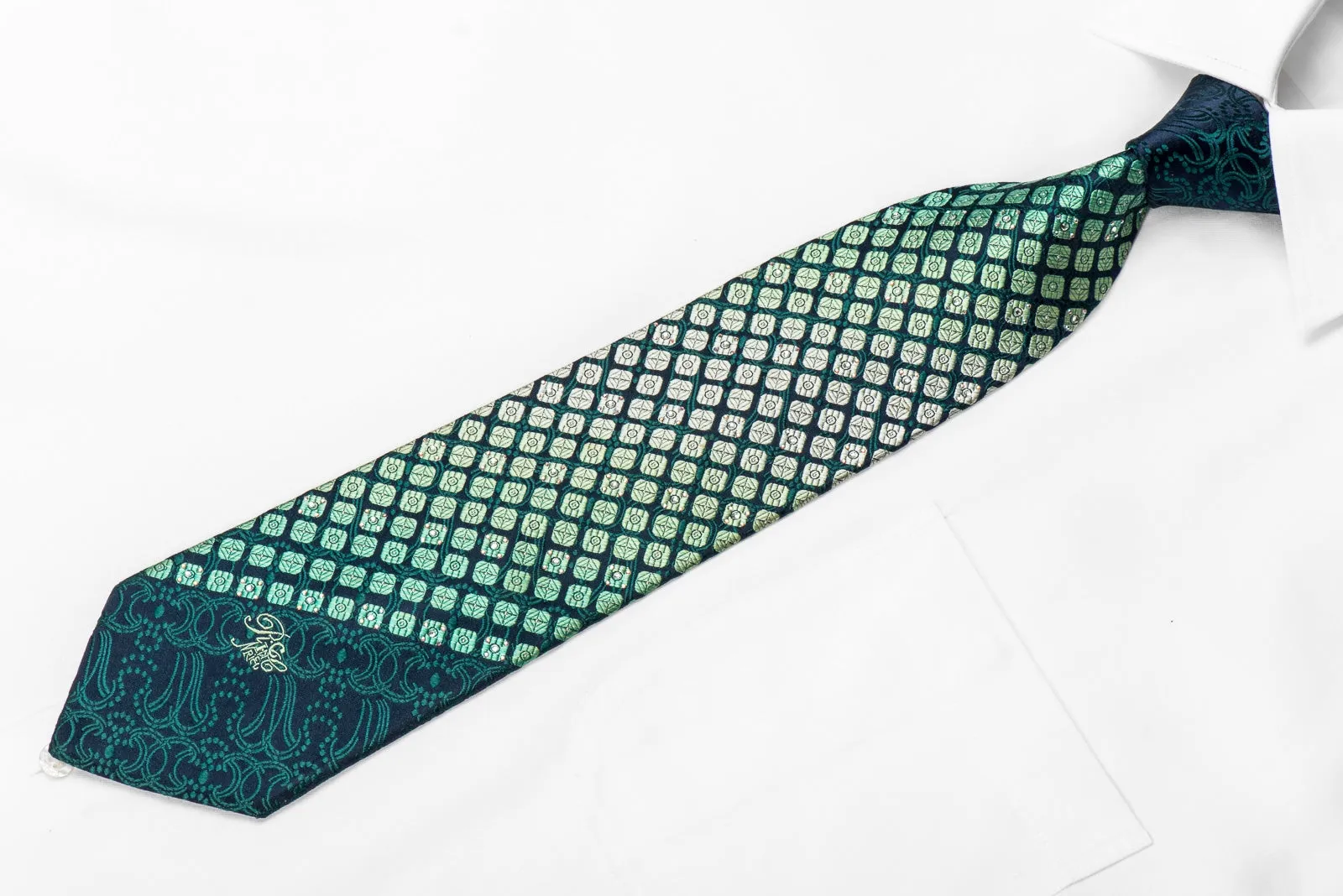 Nina Ricci Men's Crystal Silk Tie Green Geometric On Navy Sparkling With Rhinestones