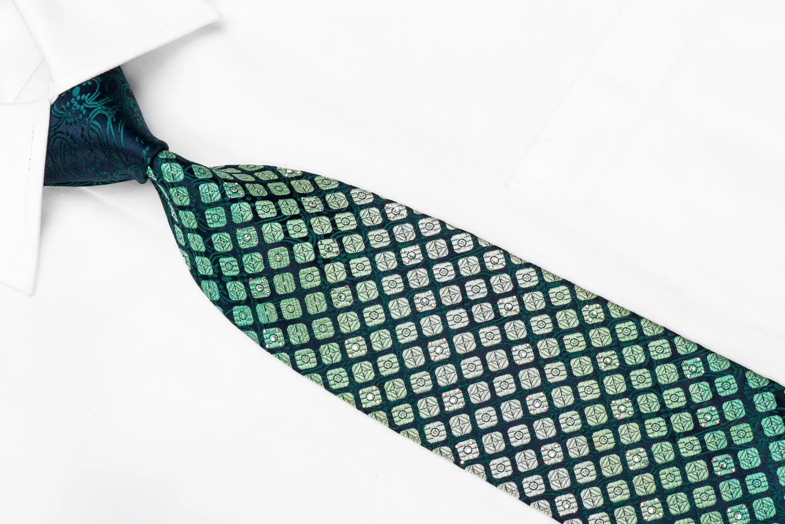 Nina Ricci Men's Crystal Silk Tie Green Geometric On Navy Sparkling With Rhinestones