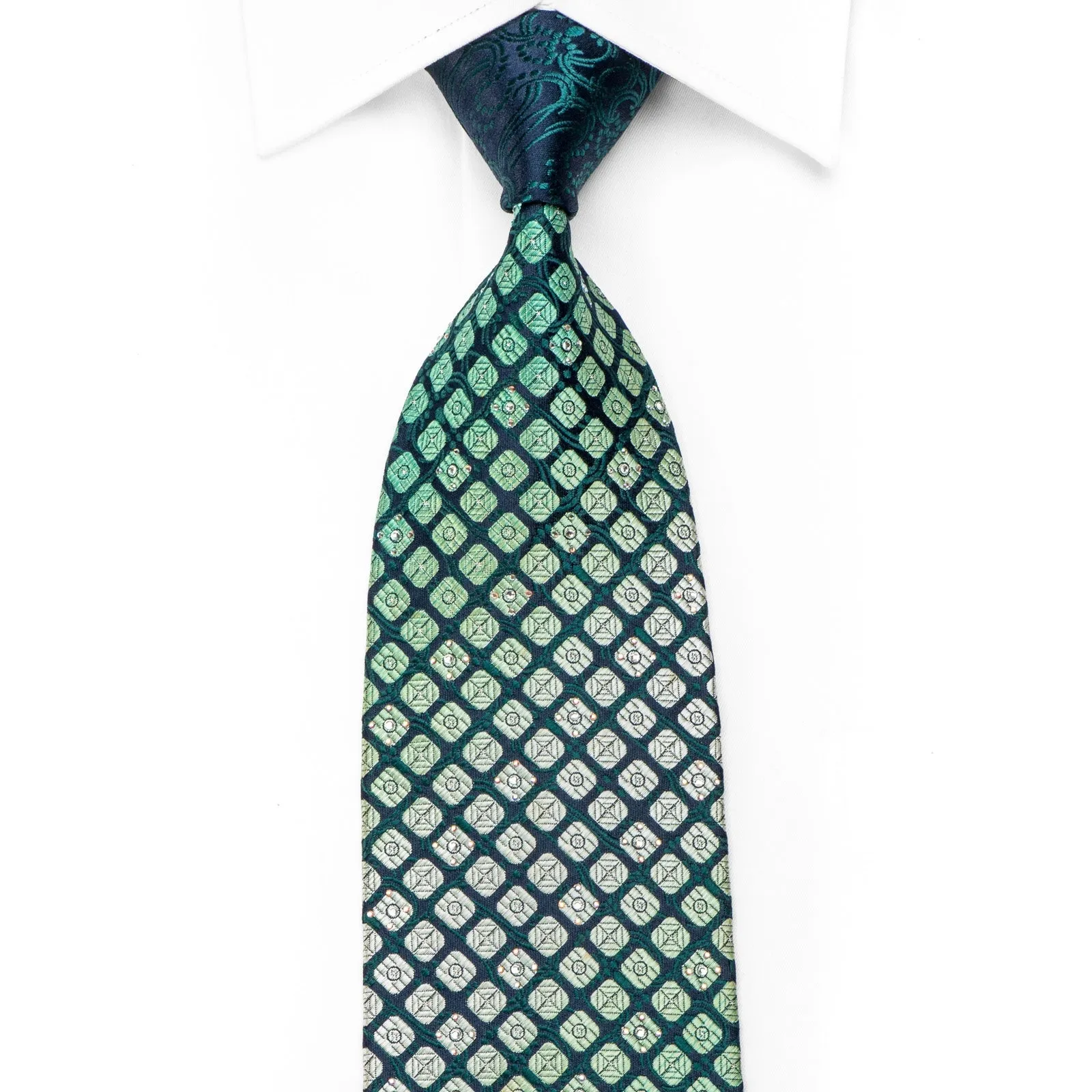 Nina Ricci Men's Crystal Silk Tie Green Geometric On Navy Sparkling With Rhinestones