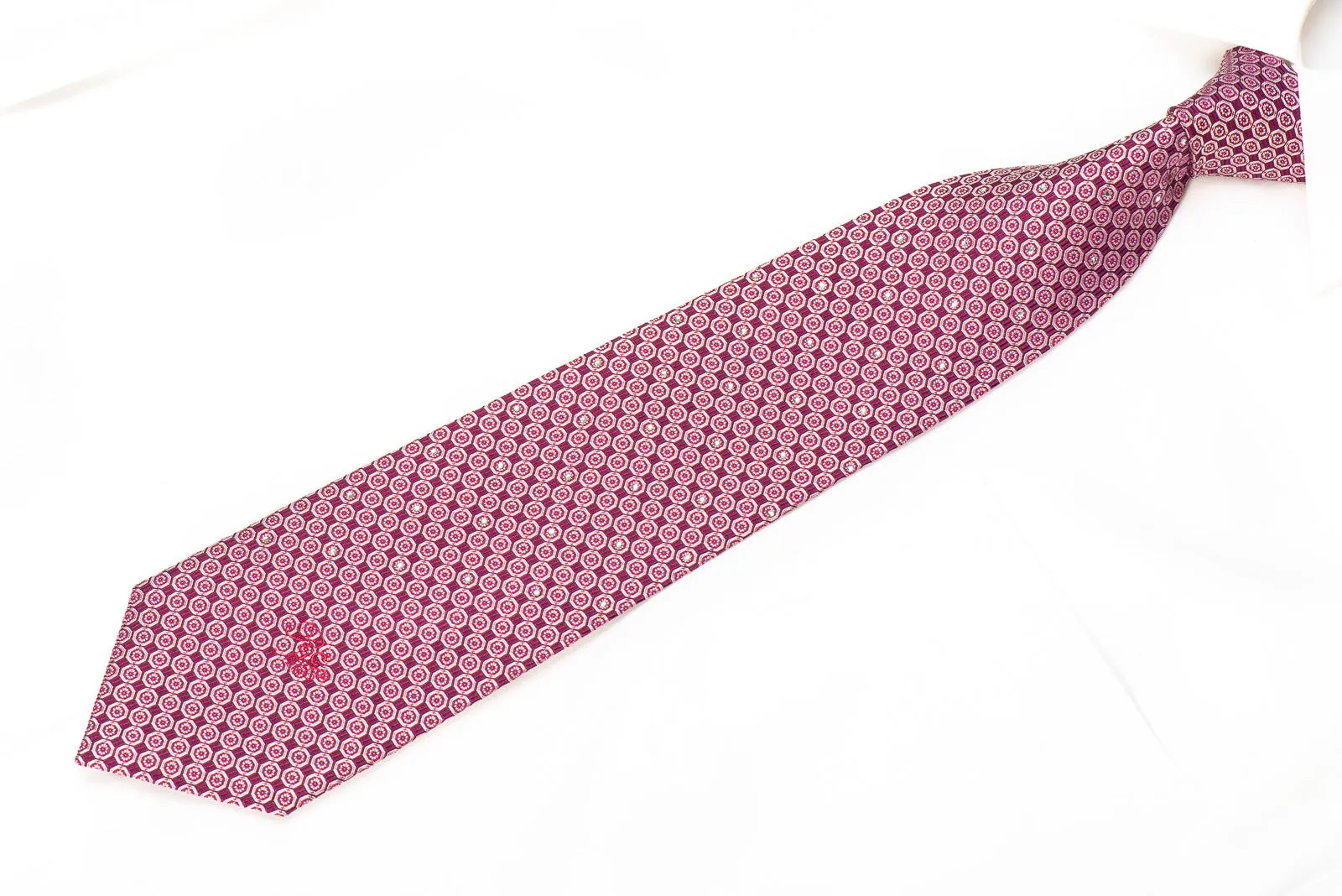 Nina Ricci Men's SIlk Tie Silver Geometric On Purple Sparkling With Rhinestones