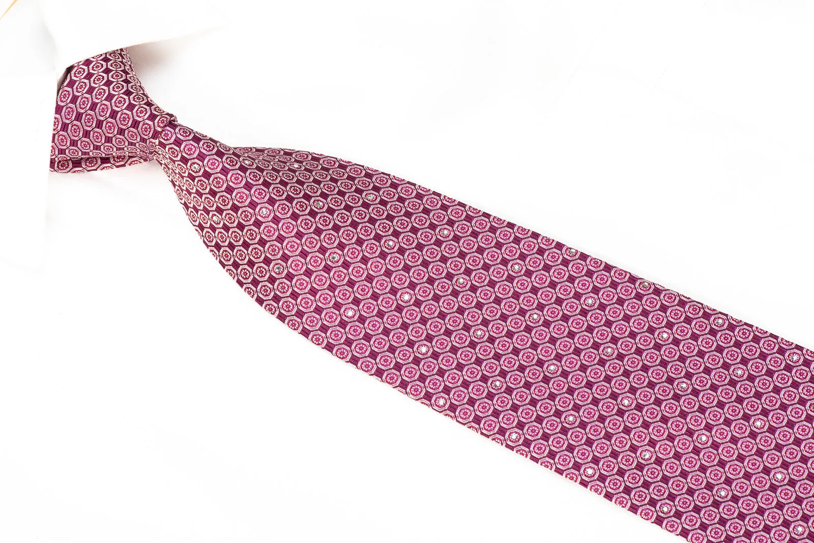 Nina Ricci Men's SIlk Tie Silver Geometric On Purple Sparkling With Rhinestones