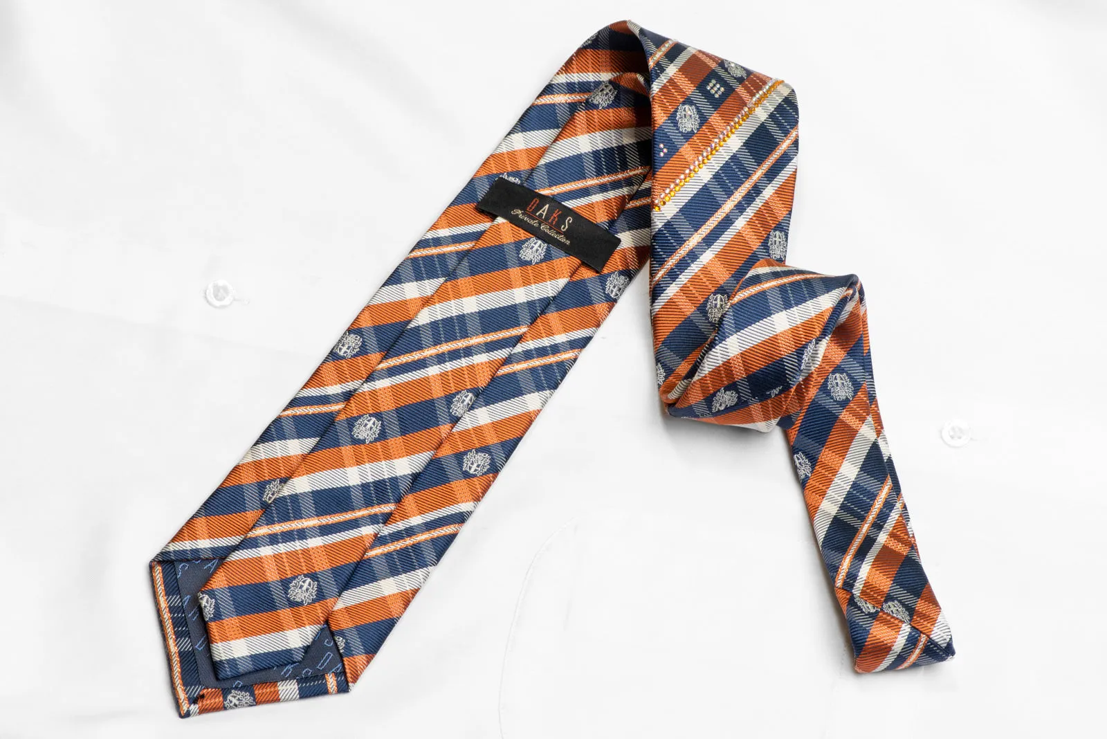 Orange Blue White Plaid Rhinestone Silk Necktie With Orange Sparkles