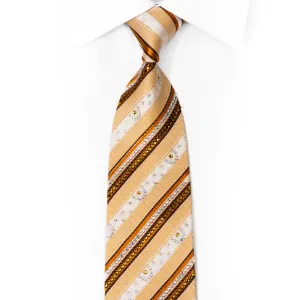 Orange Brown Striped On Cream Rhinestone Silk Necktie With Sparkles