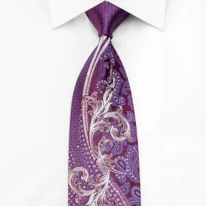 Paco Rabanne Mens Silk Crystal Tie Silver Acanthus Paisley On Purple With Silver Sparkles