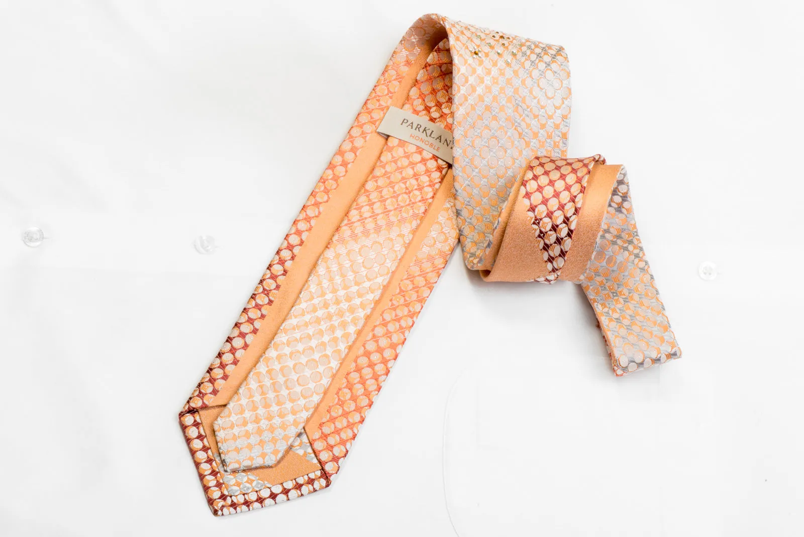 Park Land Rhinestone Silk Tie Orange Burgundy Geometric Circles On Peach With Sparkles