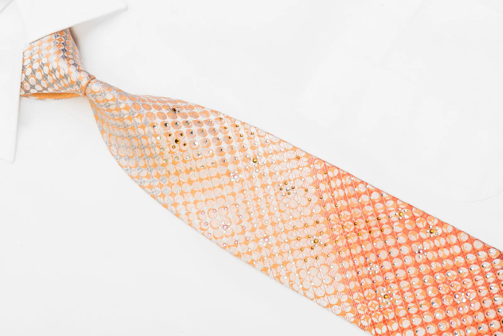 Park Land Rhinestone Silk Tie Orange Burgundy Geometric Circles On Peach With Sparkles