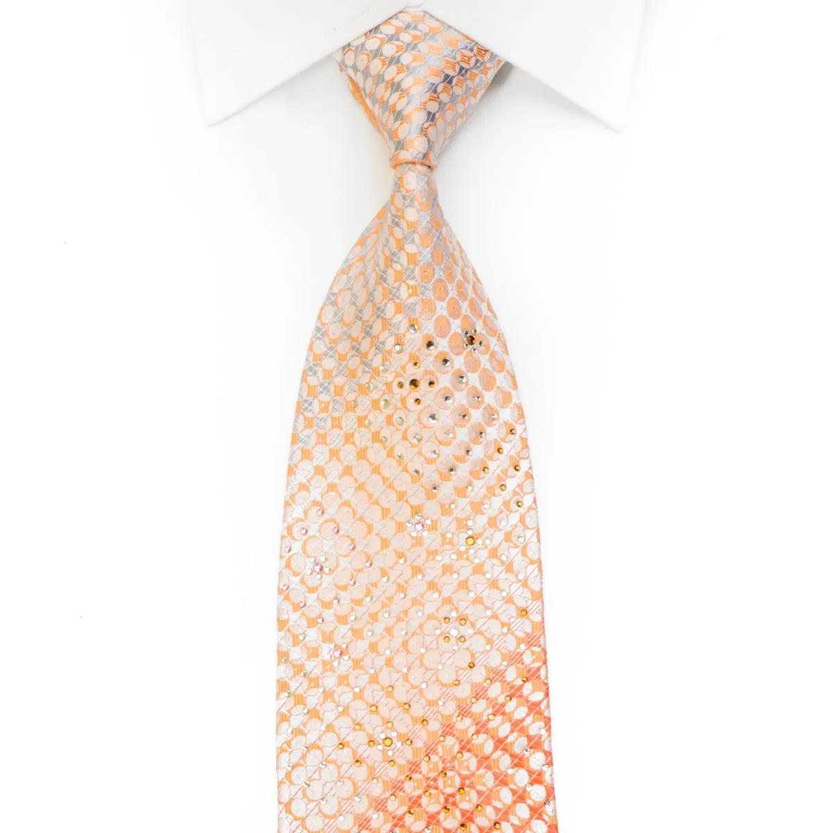 Park Land Rhinestone Silk Tie Orange Burgundy Geometric Circles On Peach With Sparkles