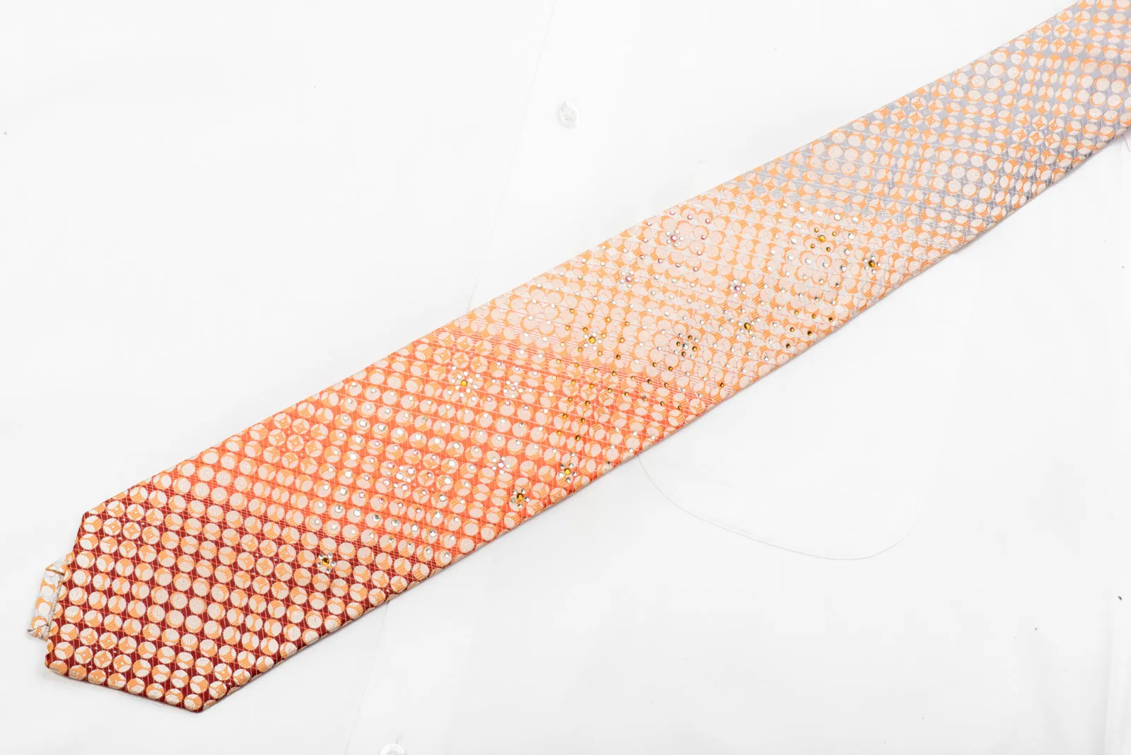 Park Land Rhinestone Silk Tie Orange Burgundy Geometric Circles On Peach With Sparkles