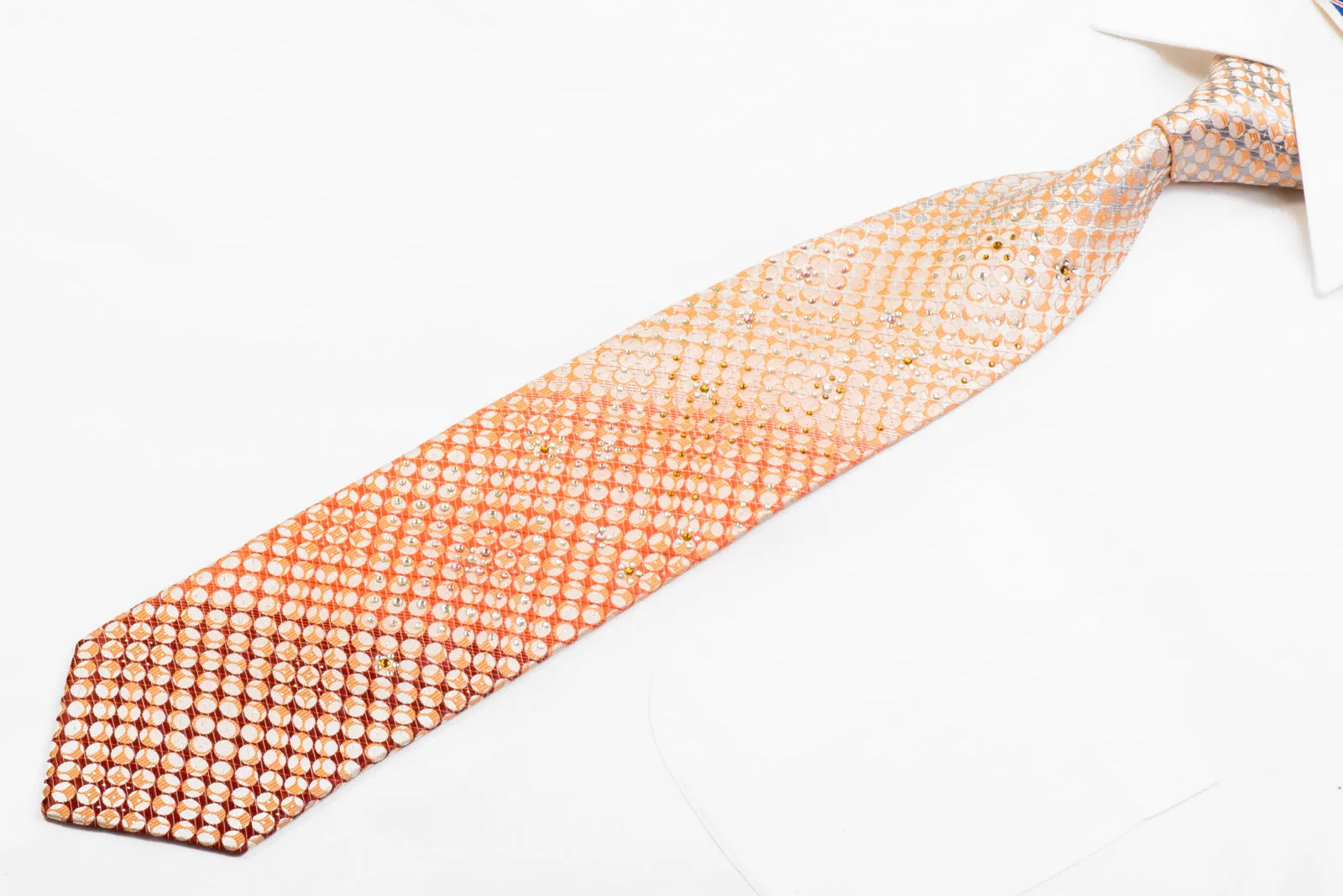 Park Land Rhinestone Silk Tie Orange Burgundy Geometric Circles On Peach With Sparkles