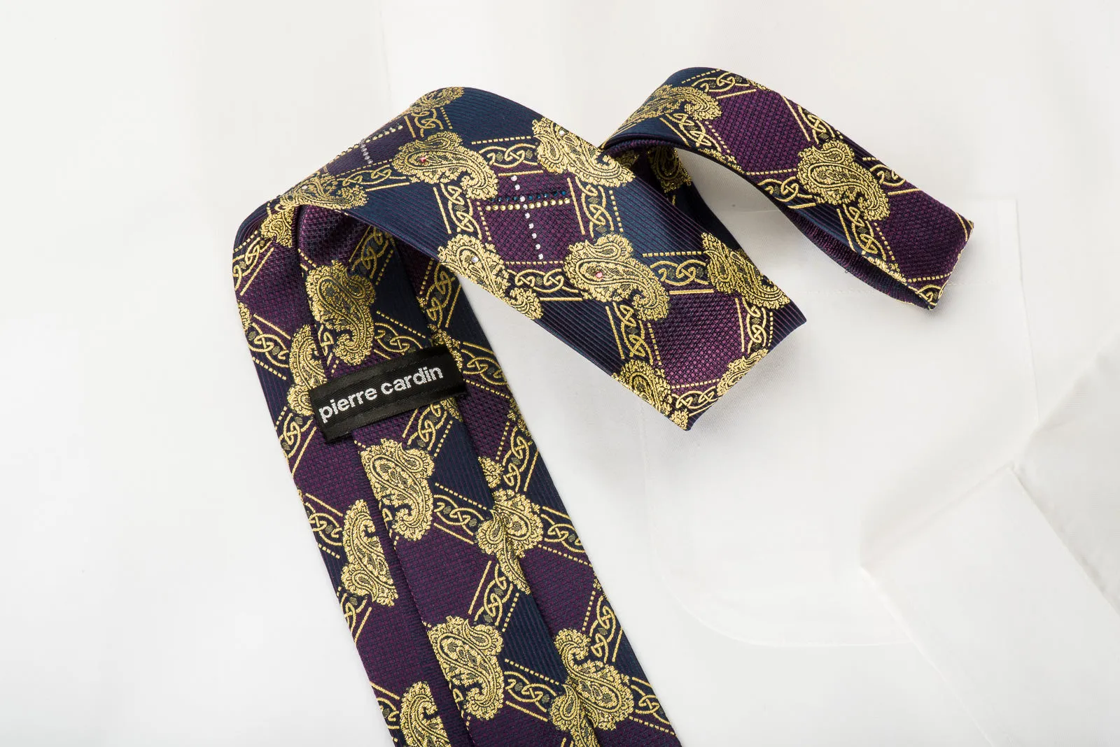 Pierre Cardin Silk Tie Golden Boteh On Purple With Rhinestones & Sparkles