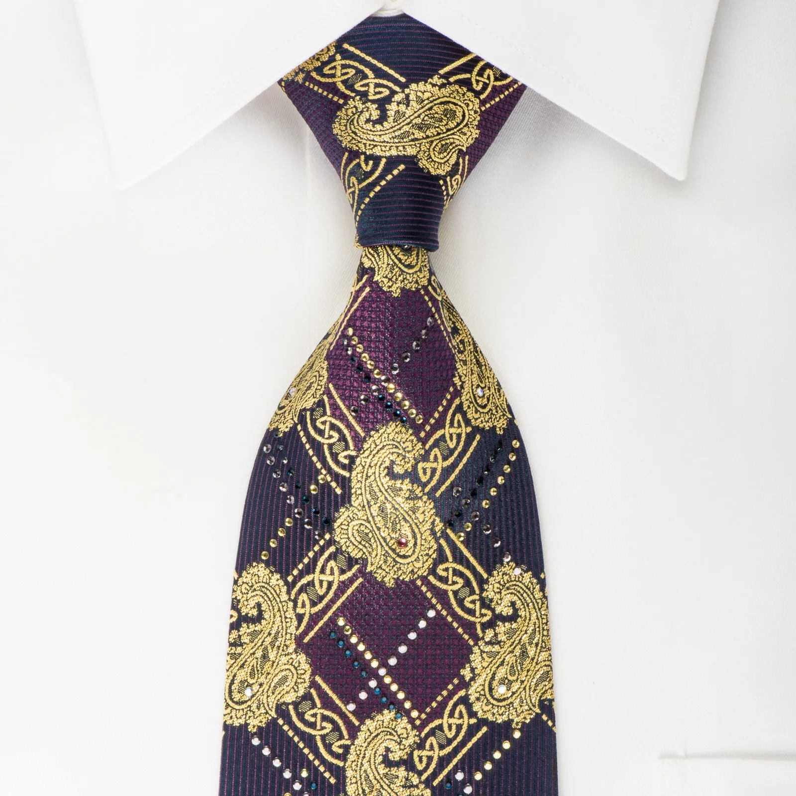 Pierre Cardin Silk Tie Golden Boteh On Purple With Rhinestones & Sparkles