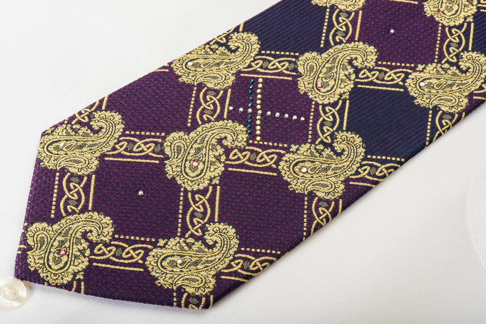 Pierre Cardin Silk Tie Golden Boteh On Purple With Rhinestones & Sparkles