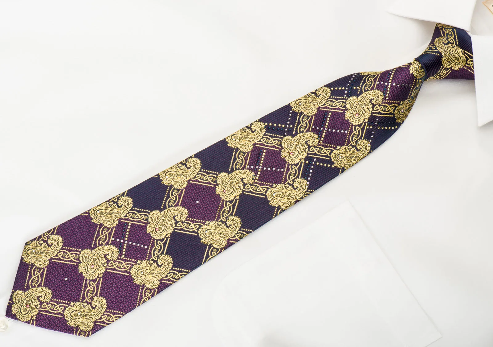 Pierre Cardin Silk Tie Golden Boteh On Purple With Rhinestones & Sparkles