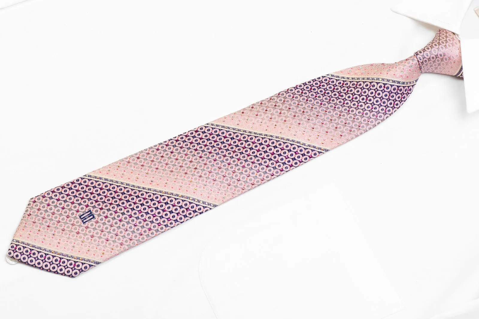 Pink Geometric Striped On Navy Rhinestone Tie With Sparkles