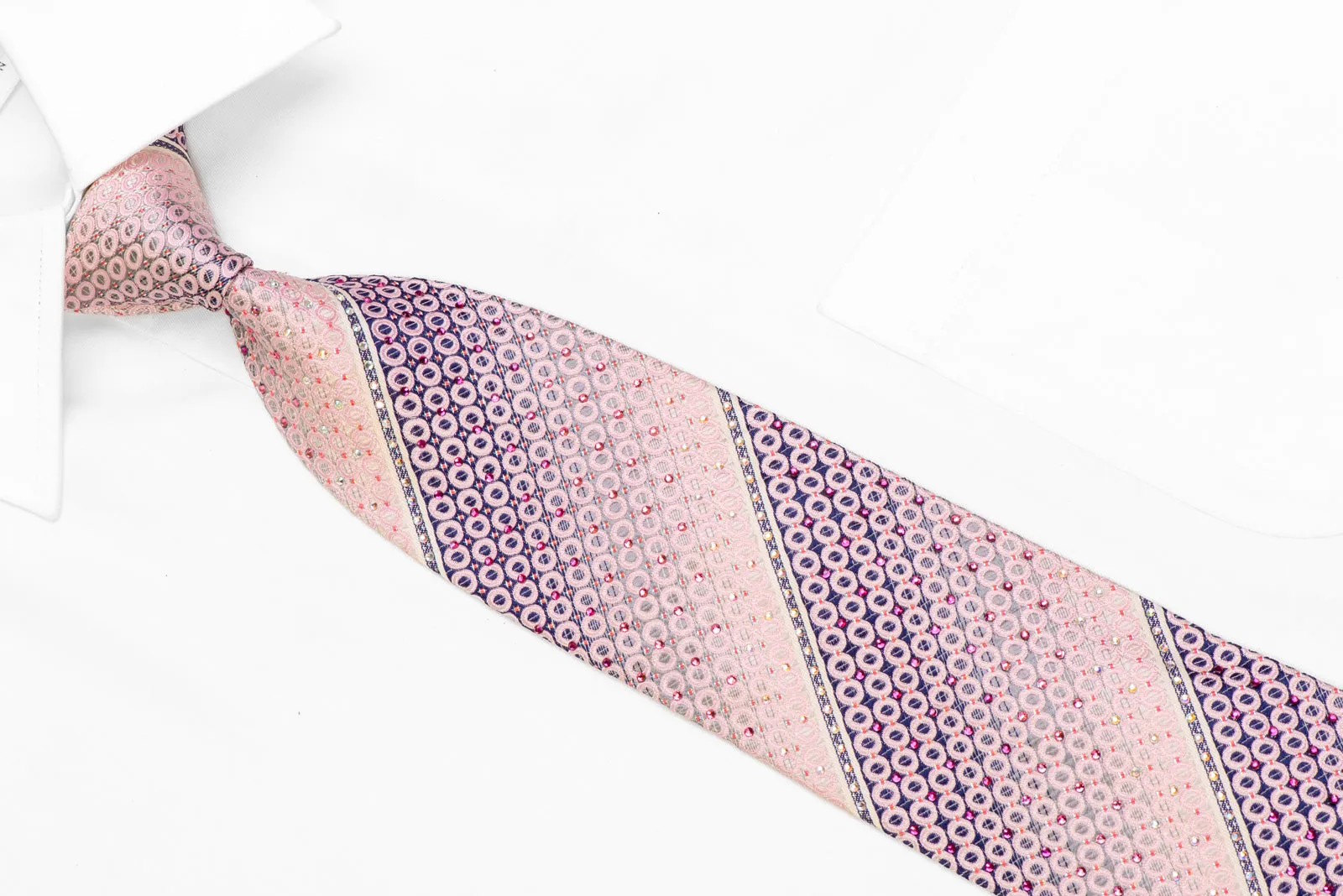 Pink Geometric Striped On Navy Rhinestone Tie With Sparkles