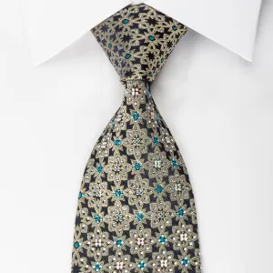 Renoma Rhinestone Silk Necktie Silver Arabesque On Navy With Gold Sparkles