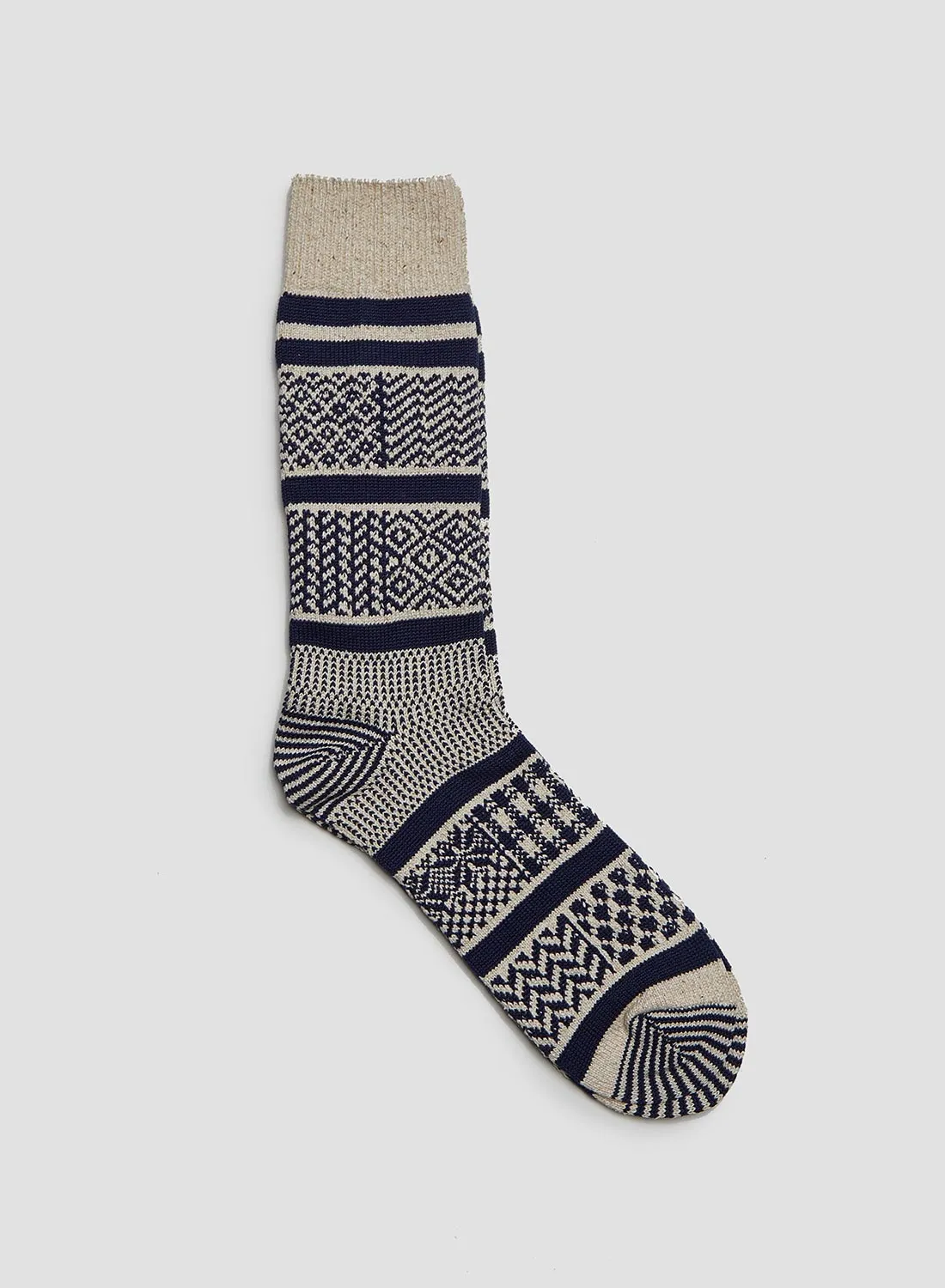 Rototo Multi Jacquard Crew Sock in Ivory/Navy