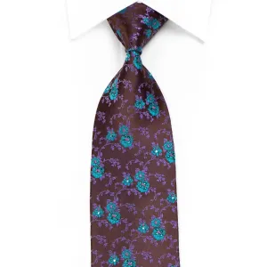 Vigevano Men's Crystal Necktie Blue Floral On Purple Brown With Sparkles